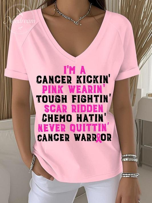 Women's Retro Breast Cancer Awareness Cancer Kickin' Chemo Hat In' Warrior Printed Raglan V-Neck T-Shirt