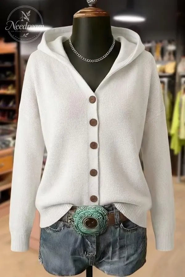 Solid Button Detailed Hoodie Sweater