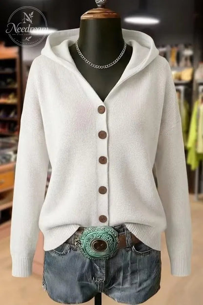 Solid Button Detailed Hoodie Sweater