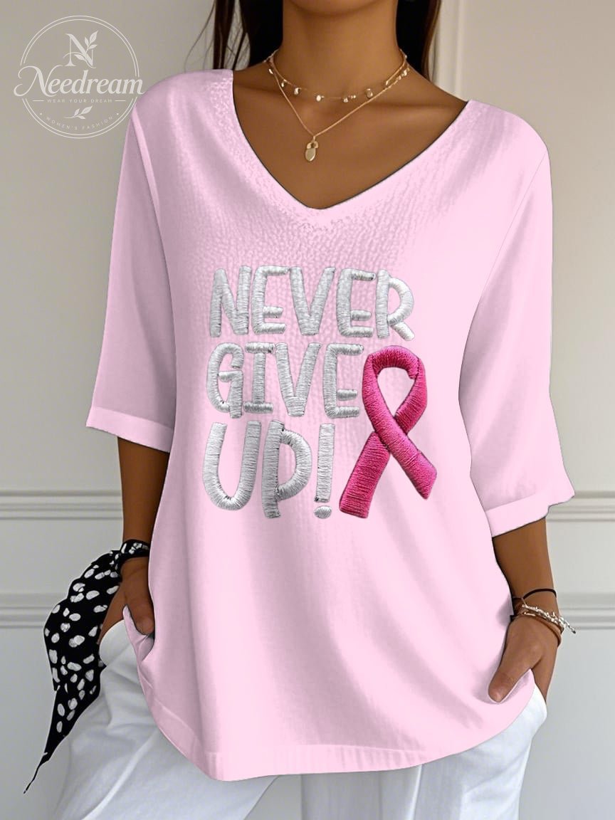 Women's Retro Never Give Up Breast Cancer Print Mid Sleeve T-Shirt