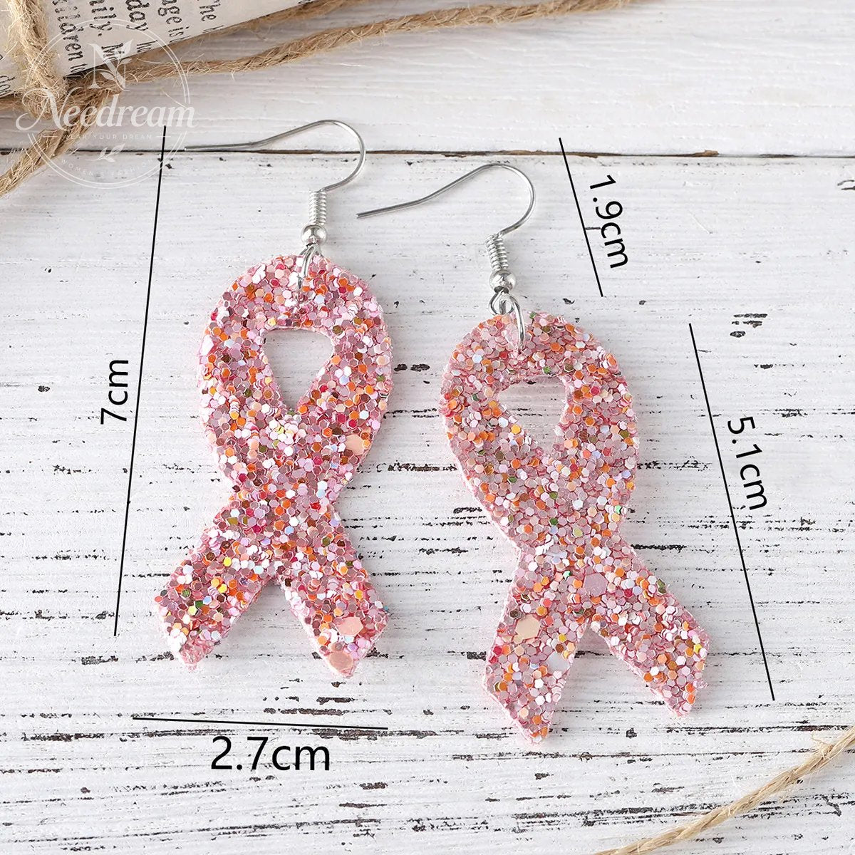 Pink Ribbon Glitter Earrings