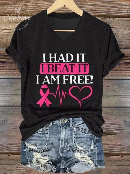 Women's Breast Cancer Slogan V-Neck Print T-Shirt Top
