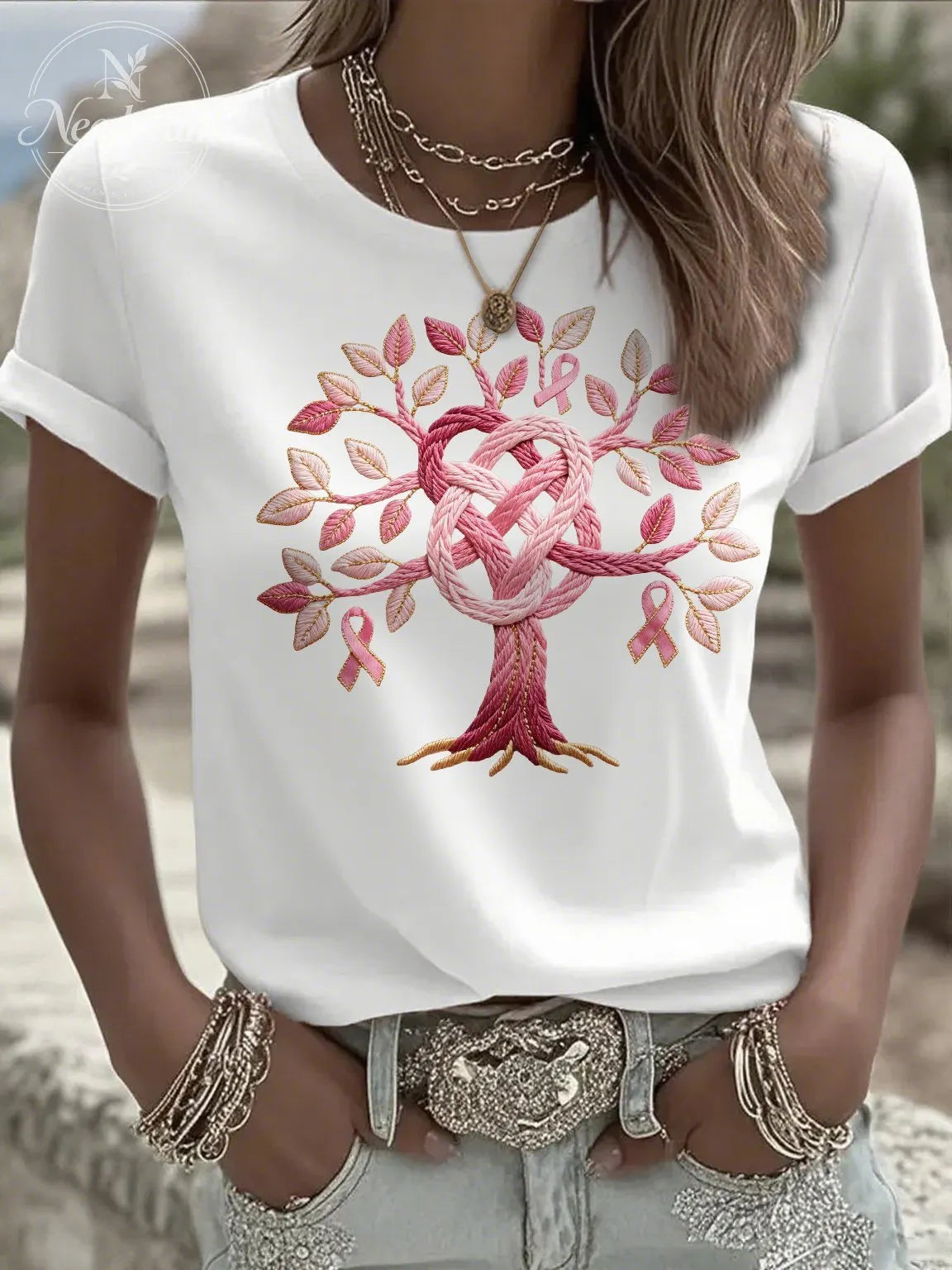 Women's Casual Pink Breast Cancer Tree of Life T-shirt