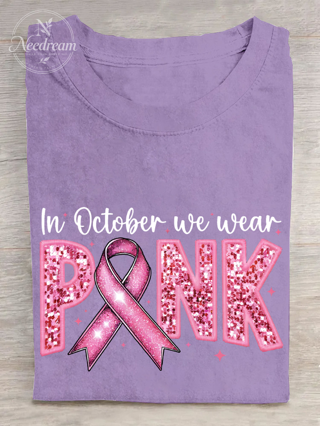 In October We Wear Pink Embroidery Breast Cancer Awareness Cotton T-Shirt