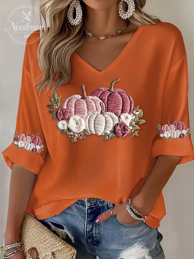 Women's Casual Pink Pumpkin Waffle T-Shirt