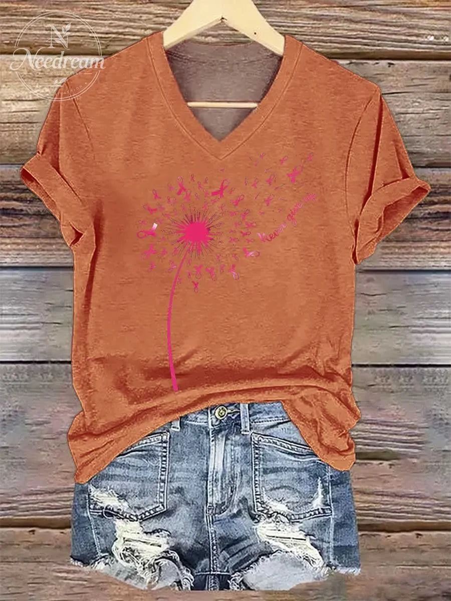 Women's Never Give Up Breast Cancer Awareness V-neck Casual T-Shirt