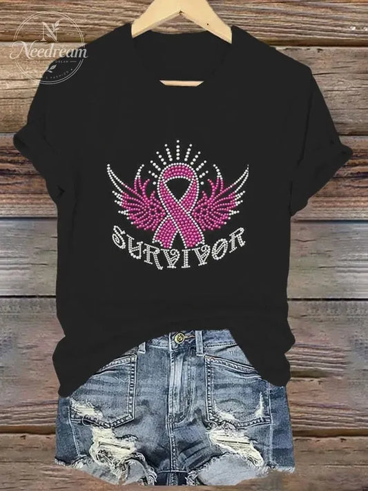 Women's Pink Ribbon Wings V-Neck Printed T-Shirt Top