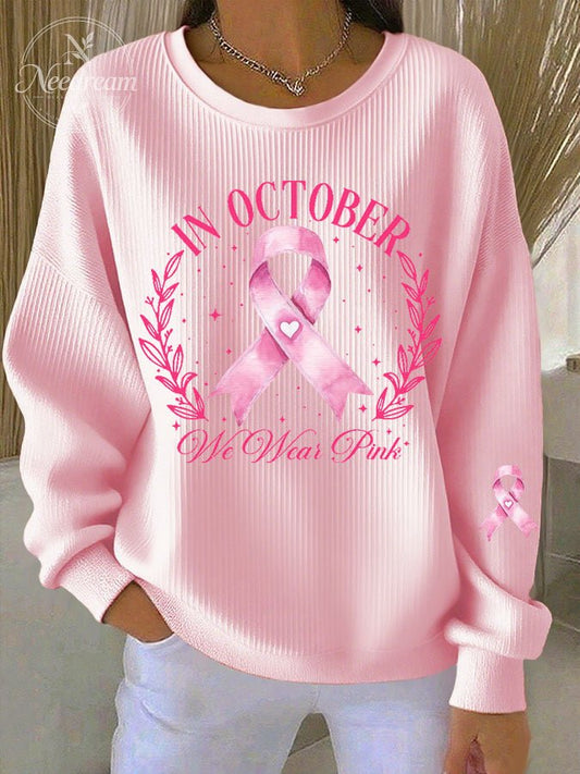 Women's Breast Cancer IN OCTOBER We Wear Pink Print Knit Crew Neck Long Sleeve Top