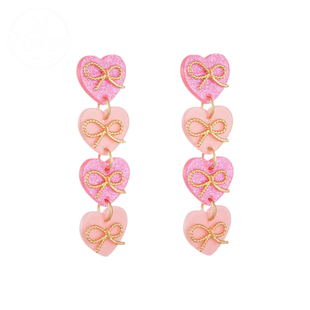 Pink Heart-Shaped Bow Tassel Earrings