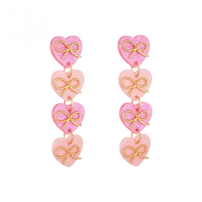 Pink Heart-Shaped Bow Tassel Earrings