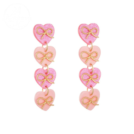 Pink Heart-Shaped Bow Tassel Earrings