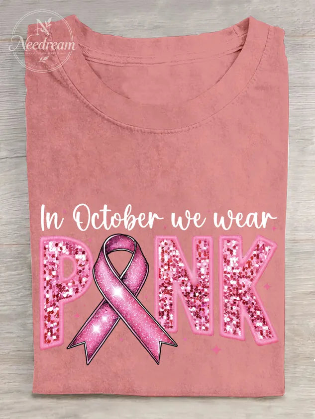 In October We Wear Pink Embroidery Breast Cancer Awareness Cotton T-Shirt