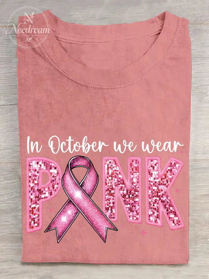 In October We Wear Pink Embroidery Breast Cancer Awareness Cotton T-Shirt