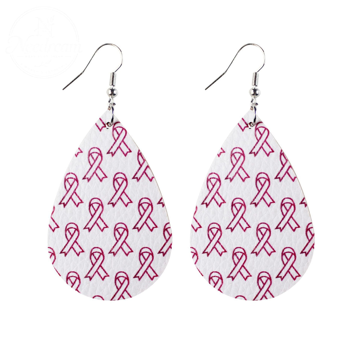 Pink Ribbon Artificial Leather Water Droplet Earrings
