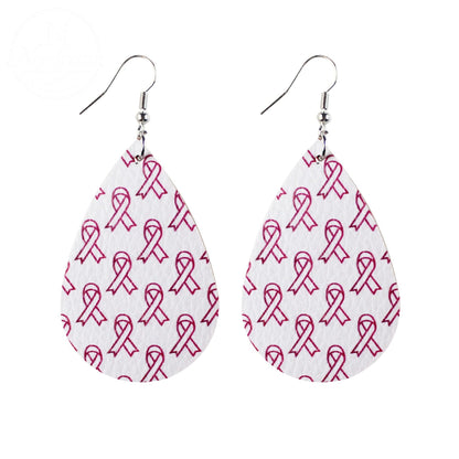 Pink Ribbon Artificial Leather Water Droplet Earrings