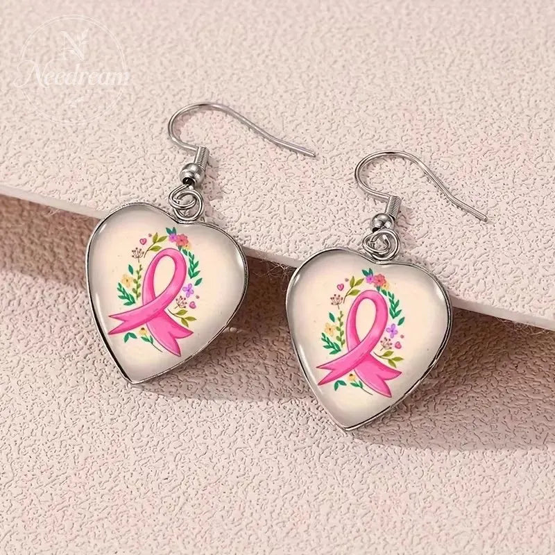 Pink Ribbon Heart-Shaped Earrings For Breast Cancer Awareness & Feminine Love