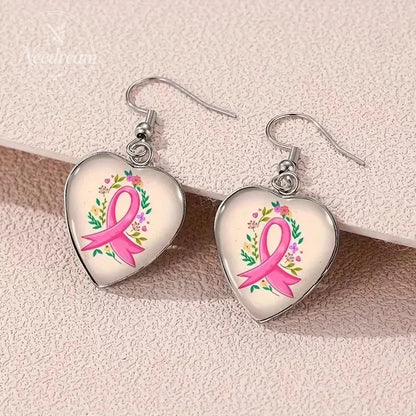 Pink Ribbon Heart-Shaped Earrings For Breast Cancer Awareness & Feminine Love