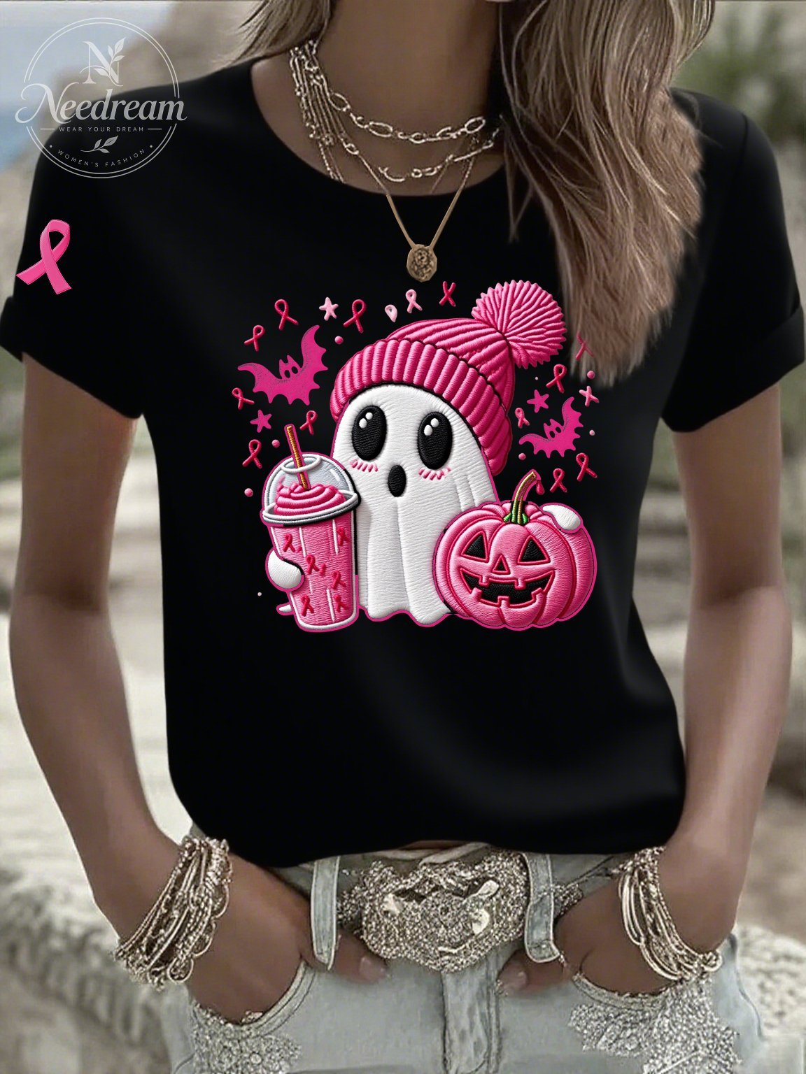 Women's Casual Pink Ghost T-Shirt
