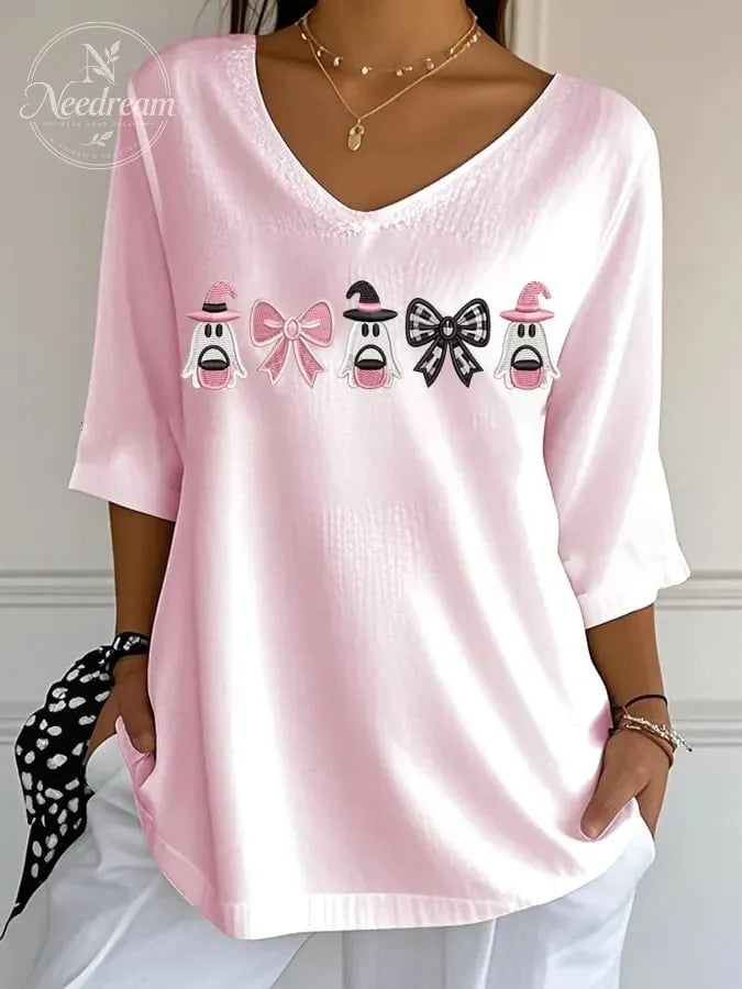 Women's  Breast Cancer Awareness Print Casual V Neck T-Shirt