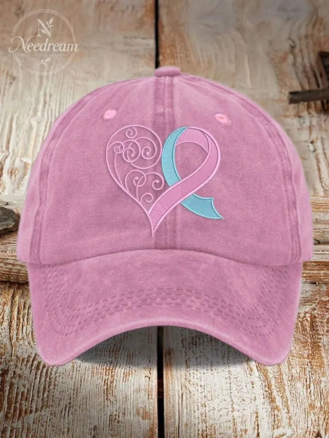 Unisex Distressed Washed Cotton Breast Cancer Ribbon Heart Printed Hat