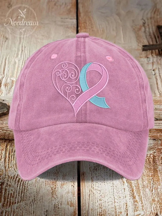 Unisex Distressed Washed Cotton Breast Cancer Ribbon Heart Printed Hat