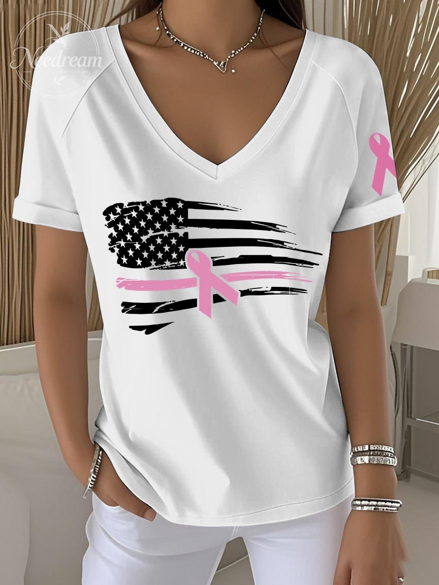 Women's Retro USA Breast Cancer Awareness Printed Raglan V-Neck T-Shirt