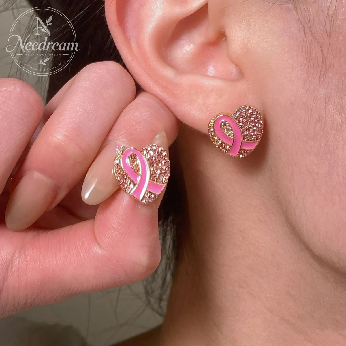 Pink Ribbon With Diamond Studded Heart-Shaped Bow Tie Earrings