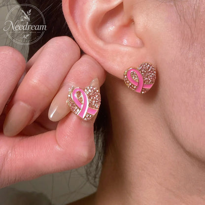 Pink Ribbon With Diamond Studded Heart-Shaped Bow Tie Earrings