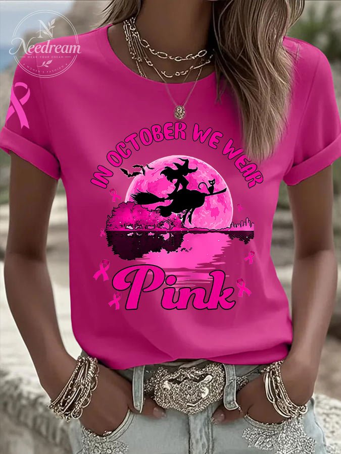 Women's In October We Wear Pink Breast Cancer Witch Print Casual T-shirt