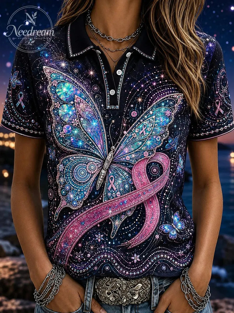 Women's Cotton Blend Polo Tee with Breast Cancer Awareness Print