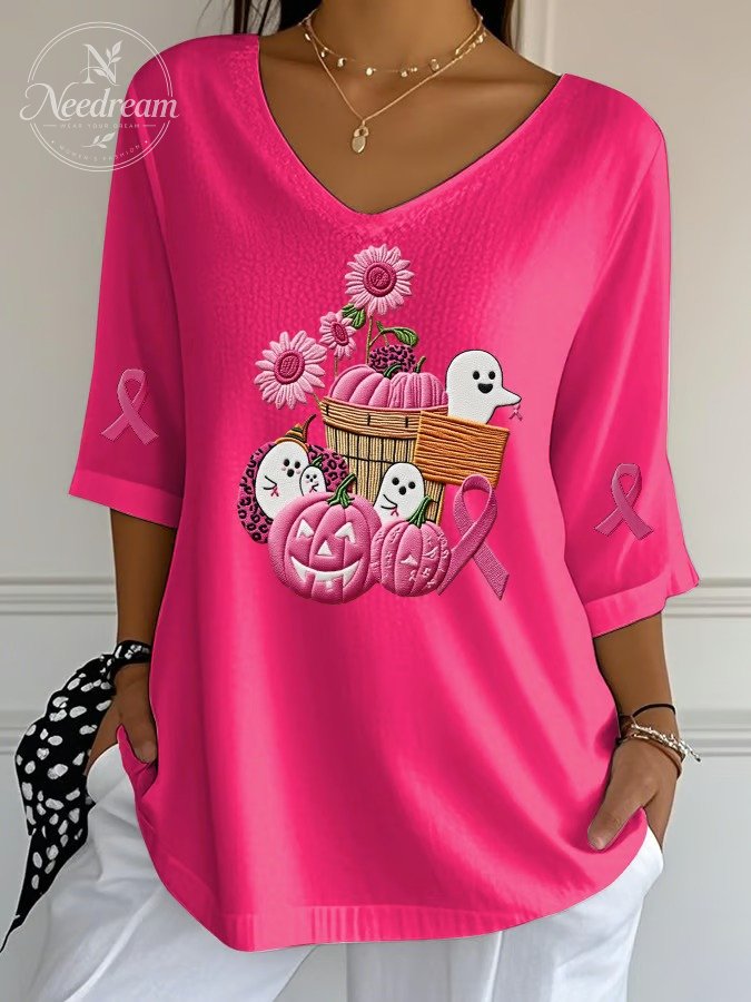 Women's Pink Pumpkin Ghost Print Ribbed Top