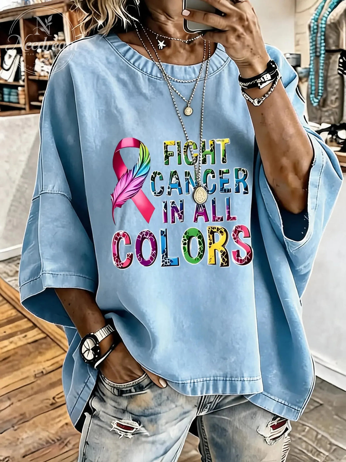 Women'S Fight Cancer In All Colors Distressed Washed Oversized T-Shirt