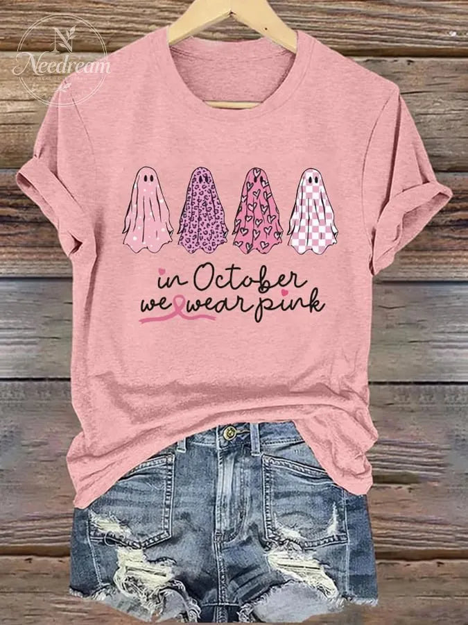 Women's Ghosts In October We Wear Pink Print Casual Round Neck T-shirt