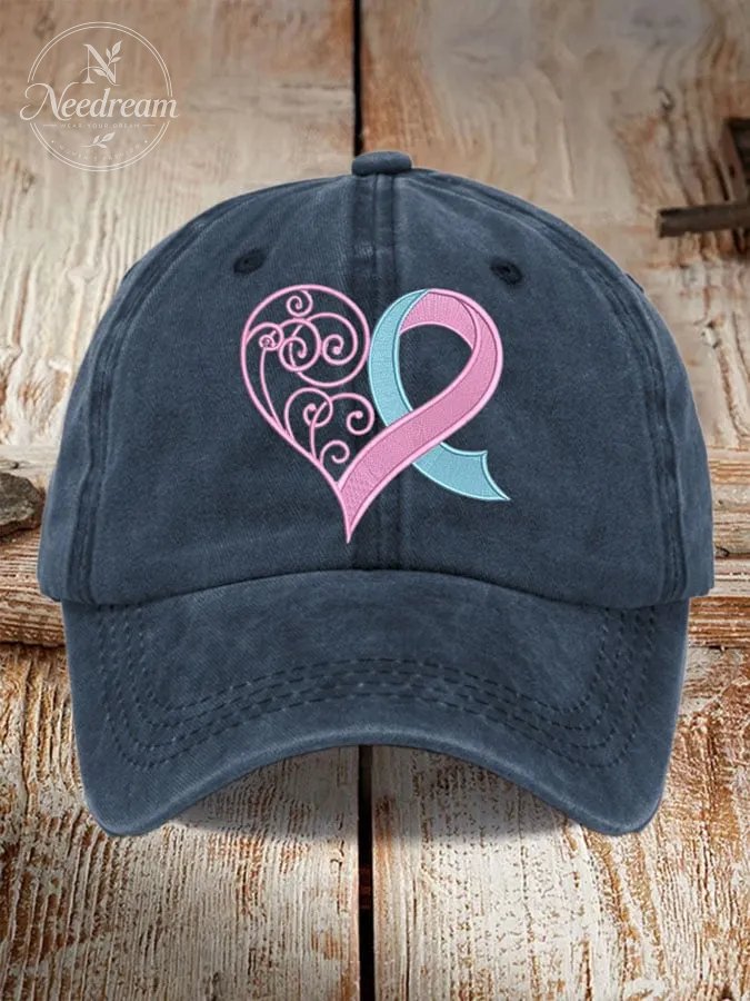 Unisex Distressed Washed Cotton Breast Cancer Ribbon Heart Printed Hat