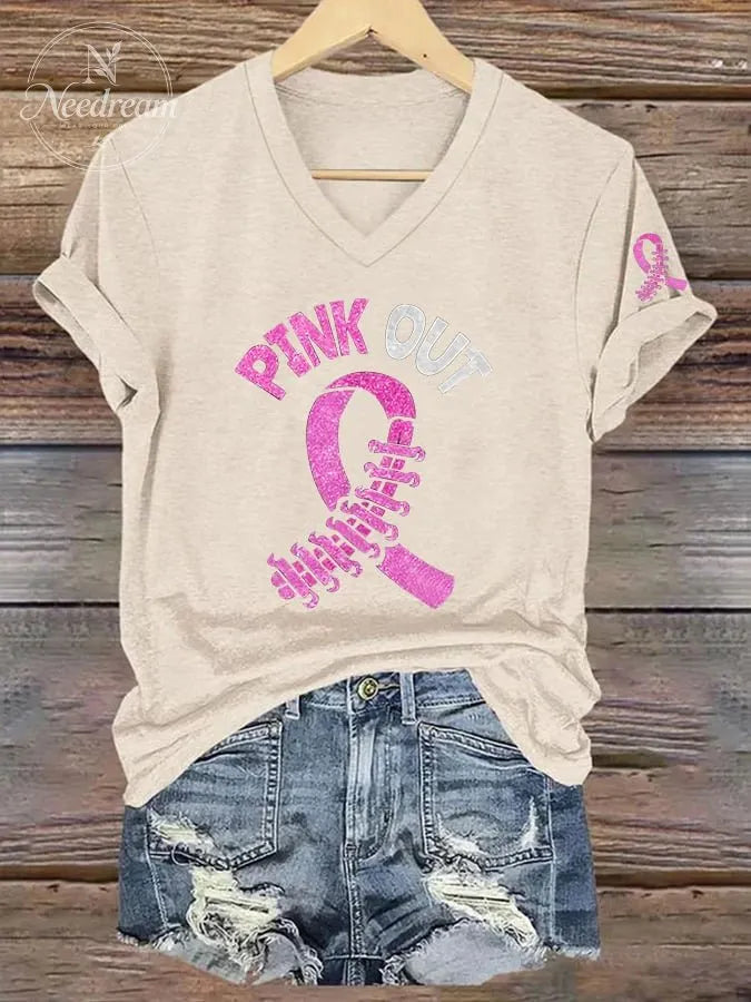 Women's Breast Ribbon Pink Out Printed Short-Sleeved T-Shirt