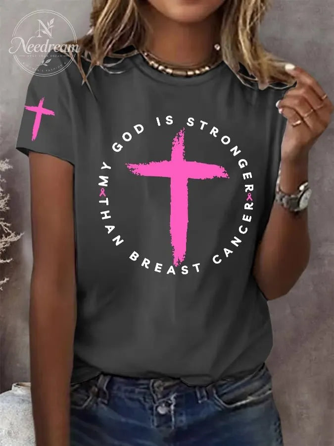Women's Retro My God Is Stronger Than Breast Cancer Awareness Christian Print T-Shirt