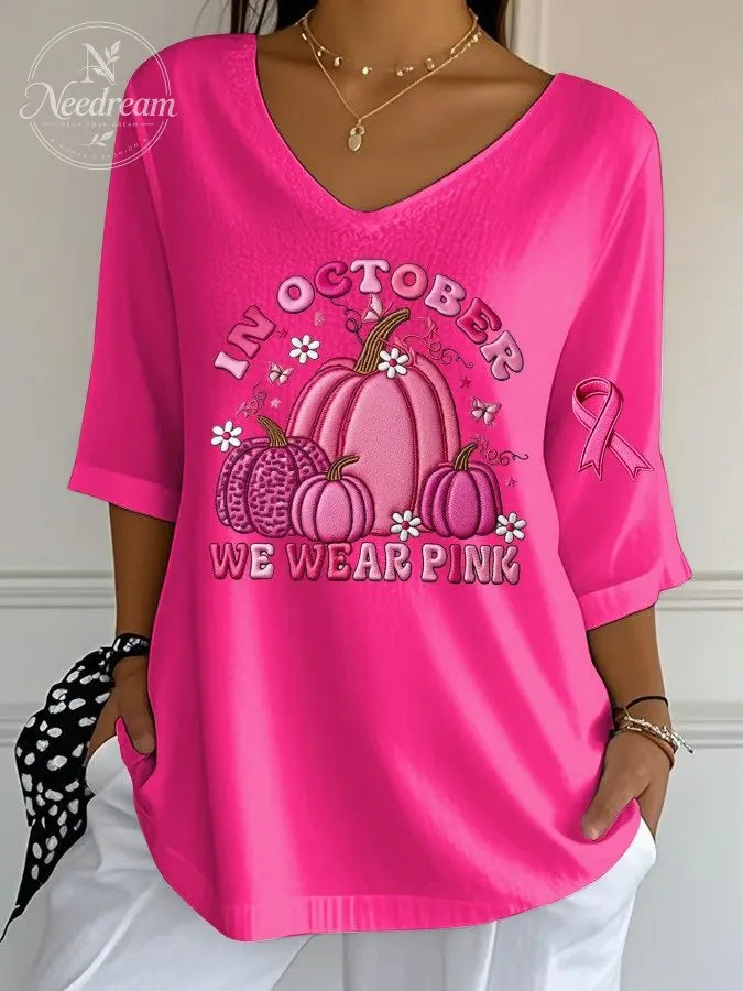 Women's October We Wear Pink Pumpkin Print Ribbed Top