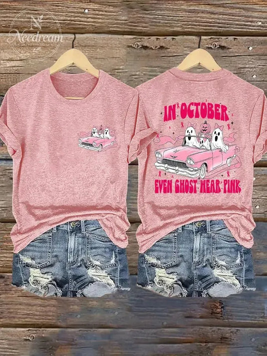 Retro Breast Cancer Awareness Halloween In October Even Ghost Wear Pink Print T-Shirt