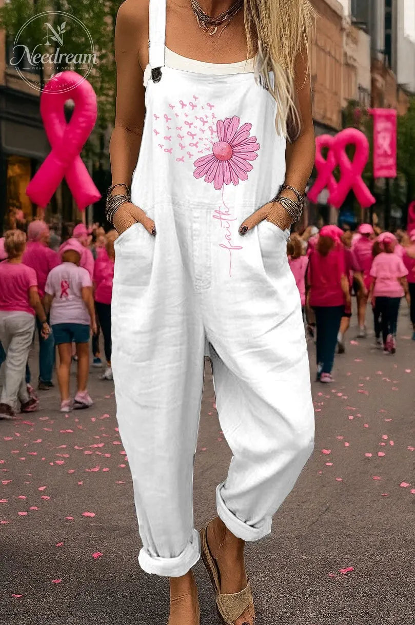 Women's Pink October Faith Pattern Print  Casual Cotton Pocket Jumpsuit