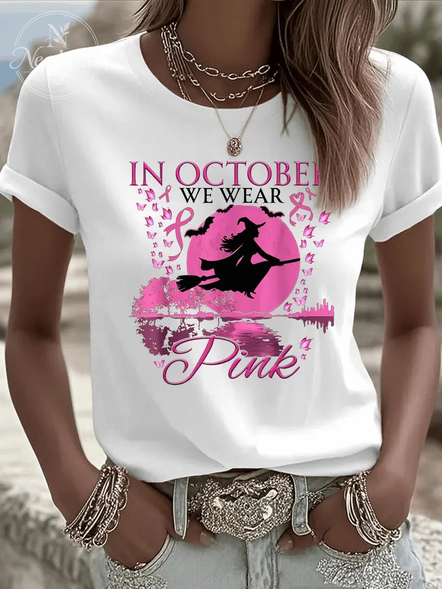 Women's  In October We Wear Pink Pattern Print Casual T-Shirt