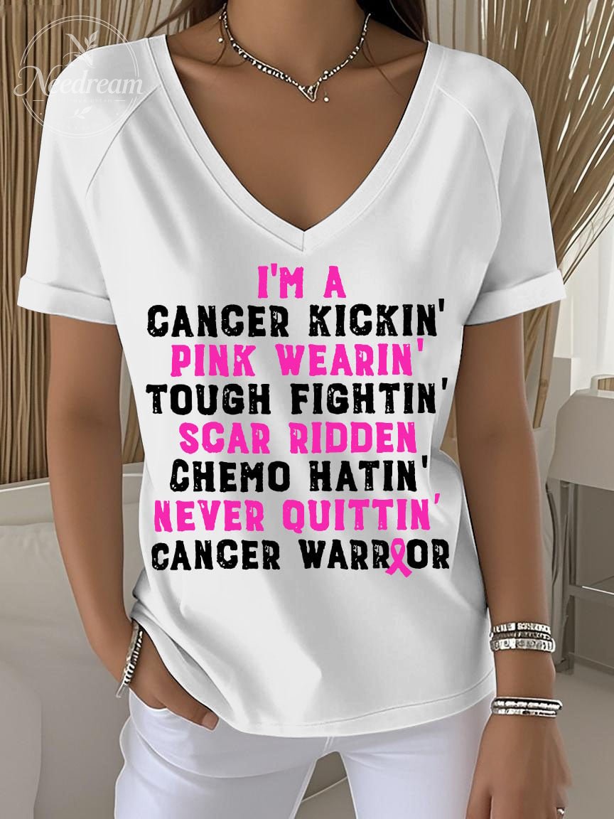 Women's Retro Breast Cancer Awareness Cancer Kickin' Chemo Hat In' Warrior Printed Raglan V-Neck T-Shirt