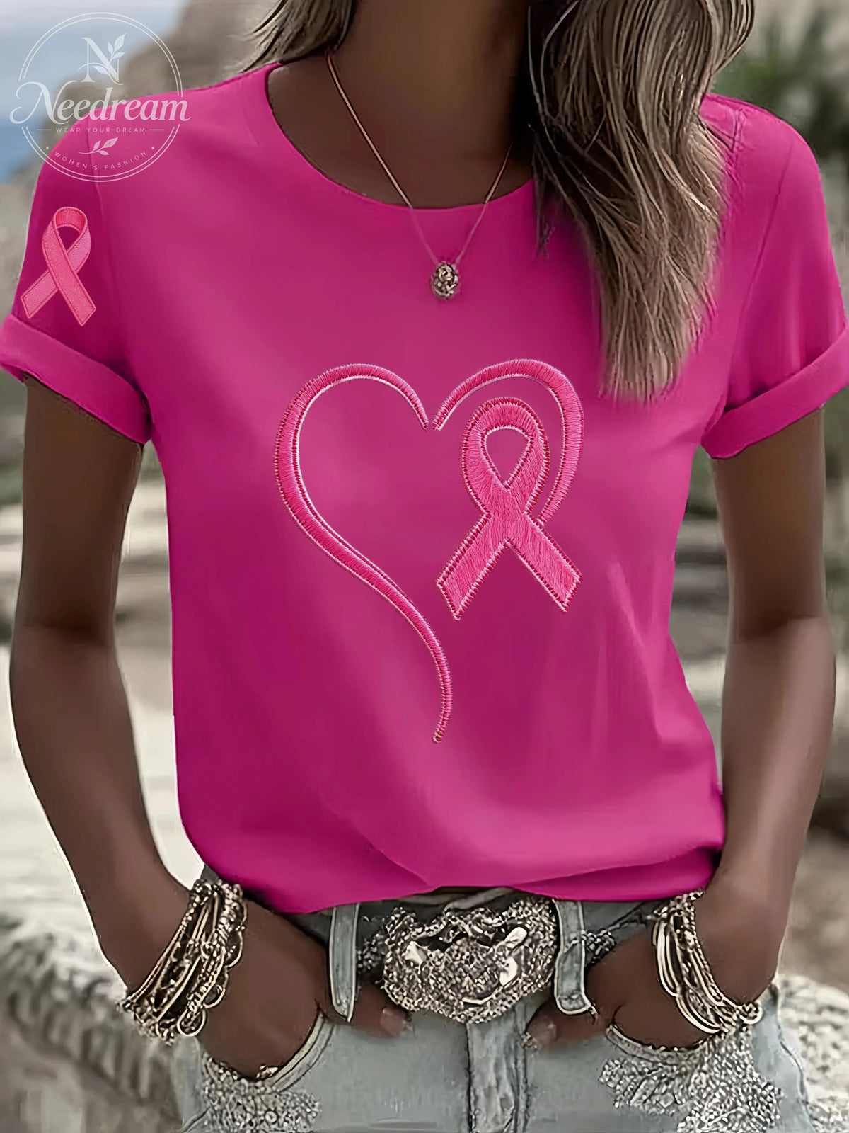 Women'S Breast Cancer Awareness Heart Ribbon Round Neck 100% Cotton T-Shirt