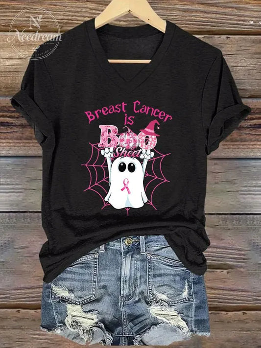 Women's Breast Cancer Is Boo Sheet Print V Neck T-shirt