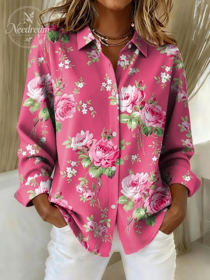 Women's Pink Floral Print Casual Lapel Shirt