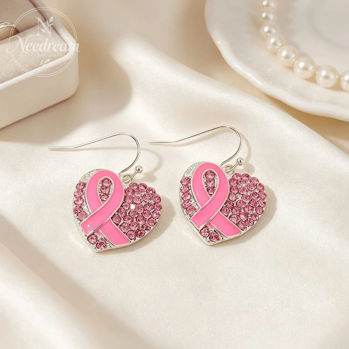 Pink Ribbon Heart Crystal Earrings