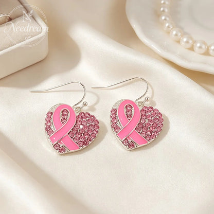 Pink Ribbon Heart Crystal Earrings