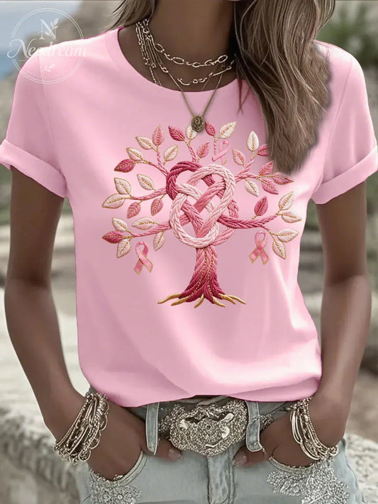 Women's Casual Pink Breast Cancer Tree of Life T-shirt
