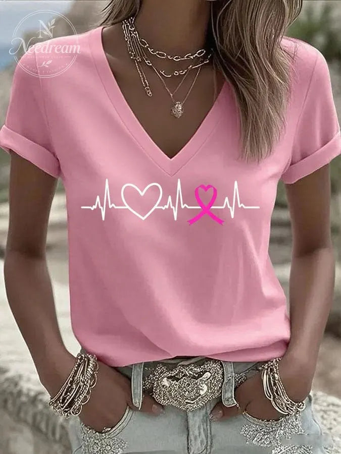 Women's Breast Cancer Love Ribbon Print Casual T-shirt