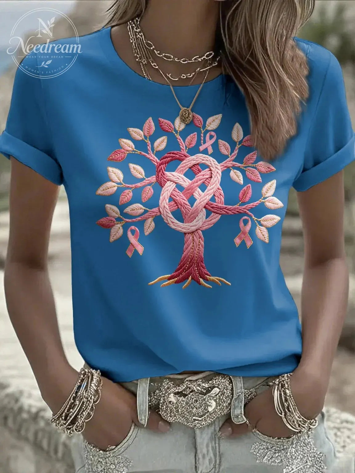 Women's Casual Pink Breast Cancer Tree of Life T-shirt