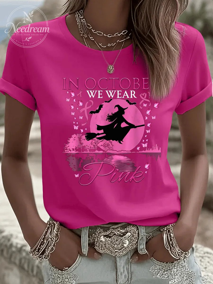 Women's  In October We Wear Pink Pattern Print Casual T-Shirt